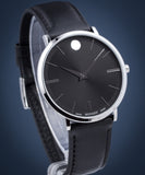 Movado Ultra Slim Black Dial Black Leather Strap Watch For Men - 0607086