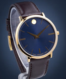 Movado Ultra Slim Blue Dial Brown Leather Strap Watch For Men - 0607088