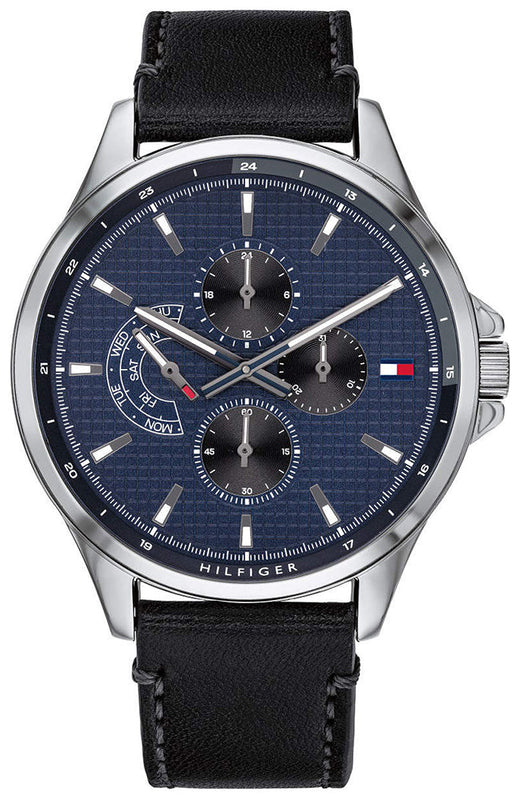 Buy Shop Tommy Hilfiger Shawn Multifunction Quartz Blue Dial Black Leather Strap Watch for Men - 1791616 USA Online